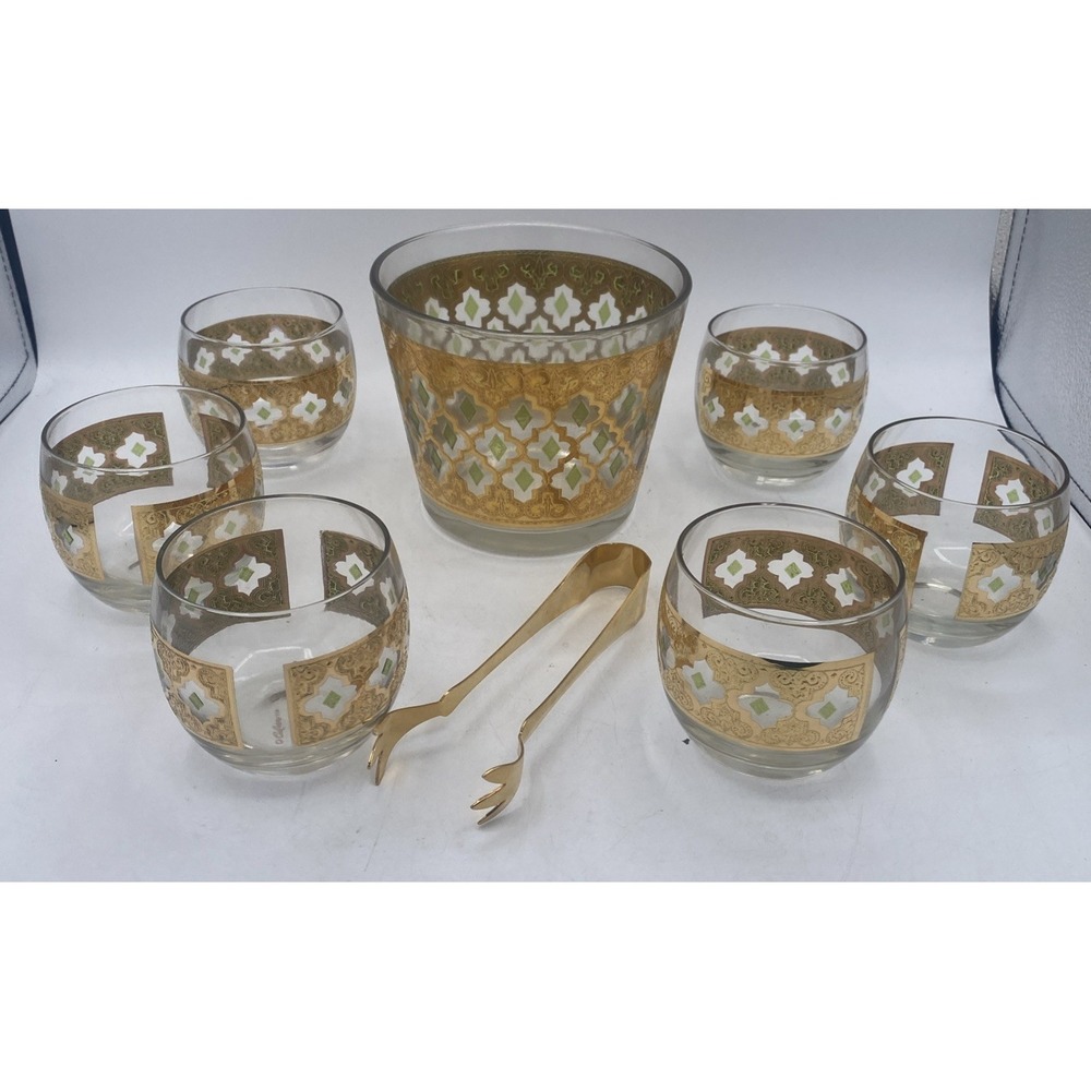 VTG Culver Green 22K Gold VALENCIA Ice bowl & Roly Poly Glasses BAR SET MCM